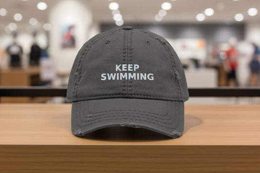 Keep Swimming Distressed Dad Hat — Embroidered Vintage Baseball Cap