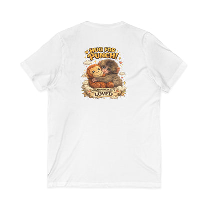 Hug for Punch! Cute Hedgehog & Lion Graphic V-Neck Tee — "Abandoned But Loved"