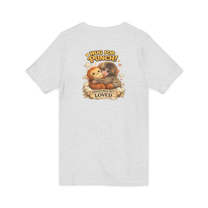 Hug for Punch! Cute Hedgehog & Lion Graphic V-Neck Tee — "Abandoned But Loved"