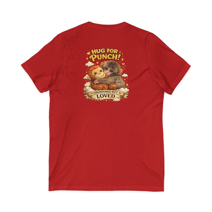 Hug for Punch! Cute Hedgehog & Lion Graphic V-Neck Tee — "Abandoned But Loved"