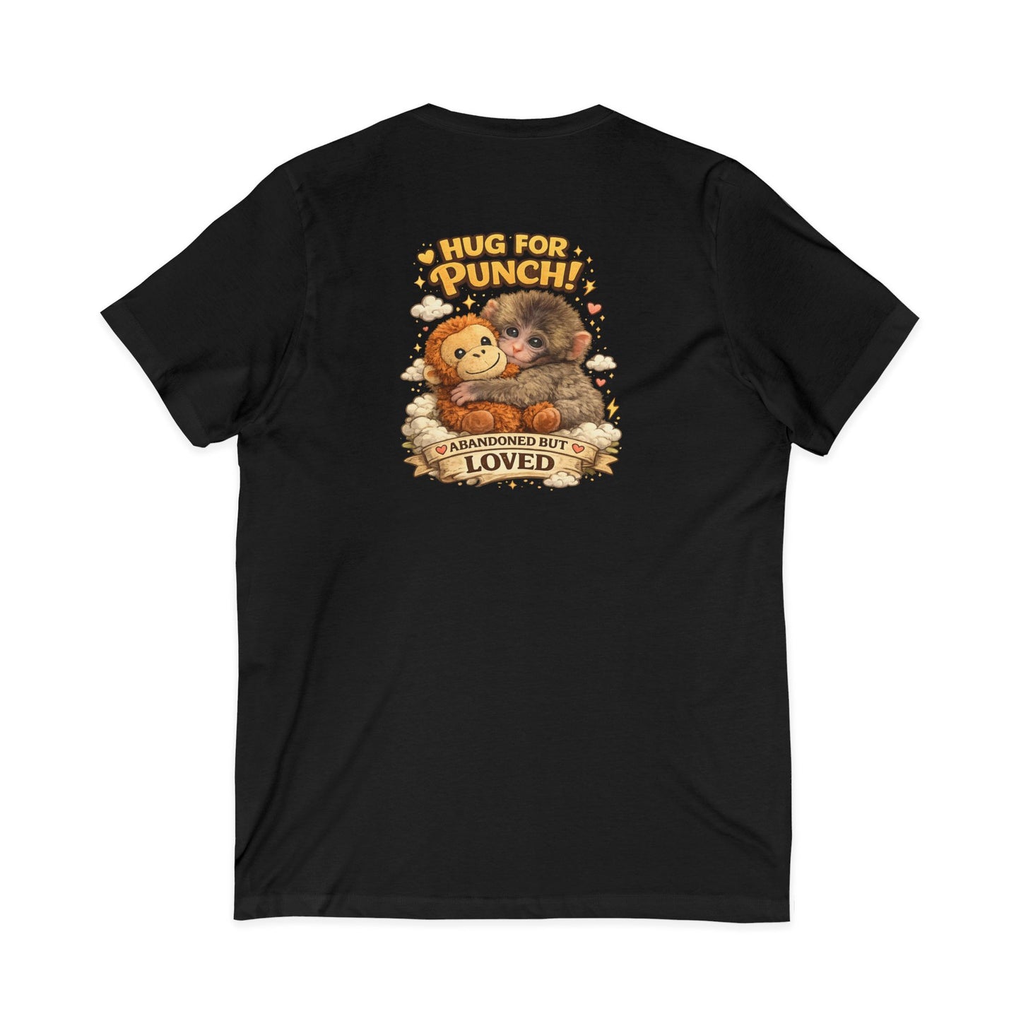 Hug for Punch! Cute Hedgehog & Lion Graphic V-Neck Tee — "Abandoned But Loved"