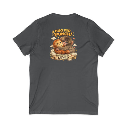 Hug for Punch! Cute Hedgehog & Lion Graphic V-Neck Tee — "Abandoned But Loved"