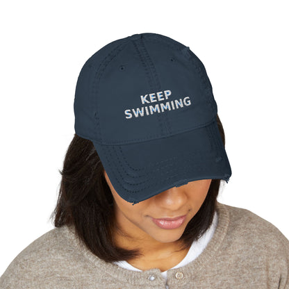 Keep Swimming Distressed Dad Hat — Embroidered Vintage Baseball Cap