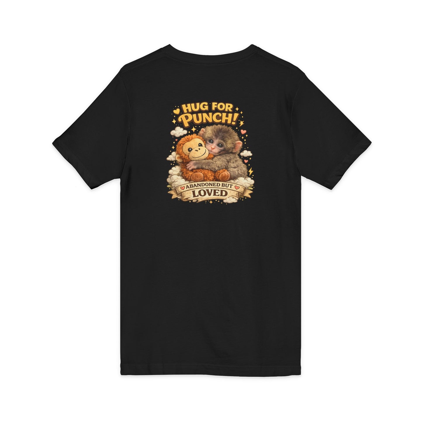 Hug for Punch! Cute Hedgehog & Lion Graphic V-Neck Tee — "Abandoned But Loved"
