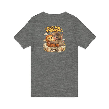 Hug for Punch! Cute Hedgehog & Lion Graphic V-Neck Tee — "Abandoned But Loved"
