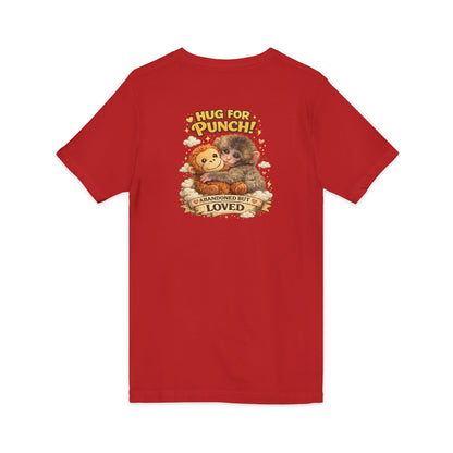 Hug for Punch! Cute Hedgehog & Lion Graphic V-Neck Tee — "Abandoned But Loved"