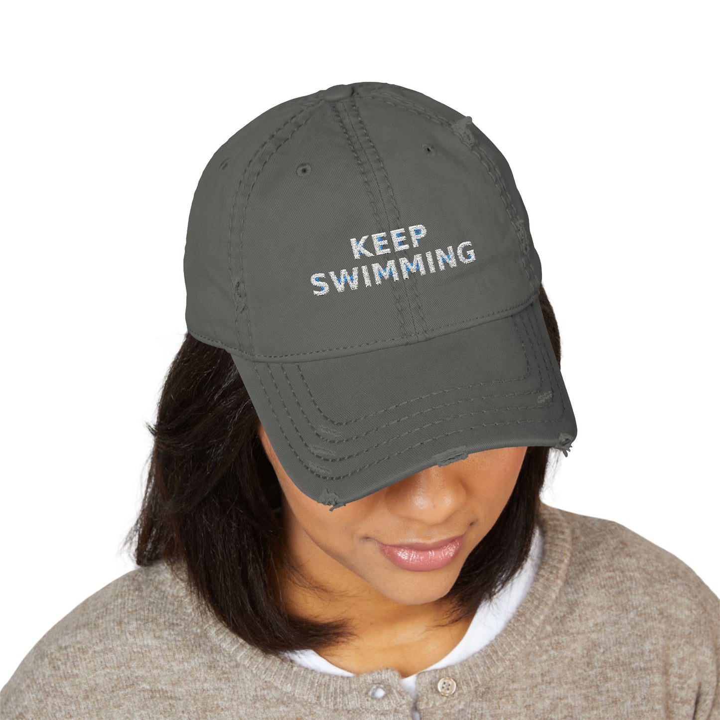 Keep Swimming Distressed Dad Hat — Embroidered Vintage Baseball Cap