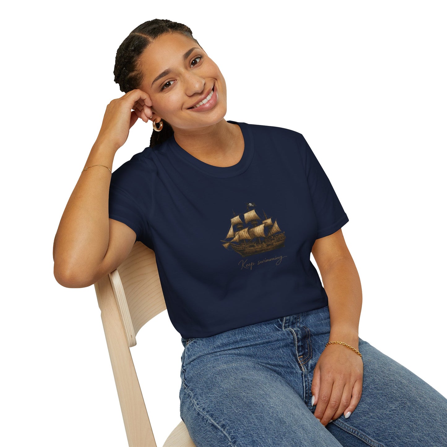 Vintage Sailing Ship T-Shirt — "Keep swimming" Nautical Graphic Tee